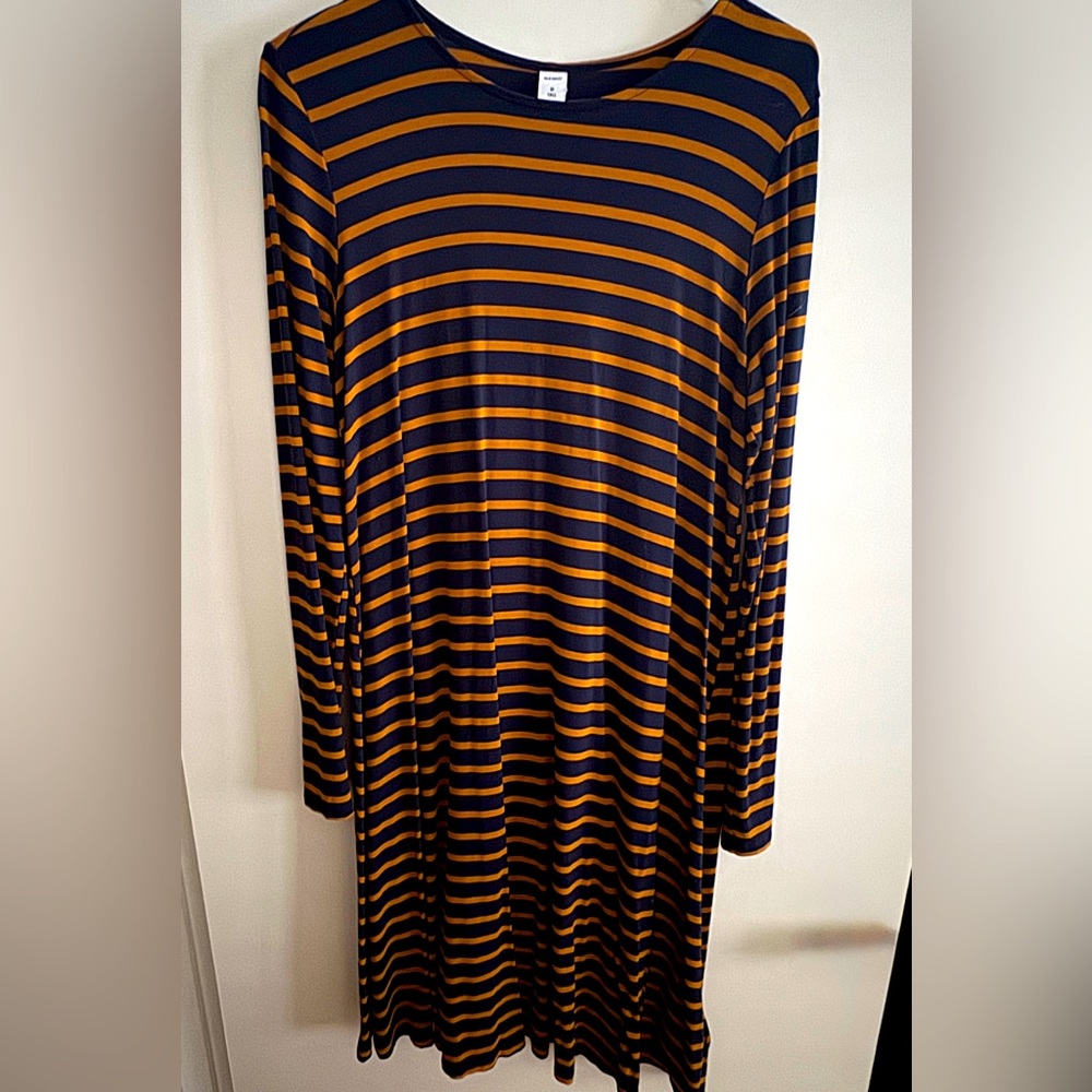 EUC Tall Length Navy and Mustard Striped Long Sleeve Dress